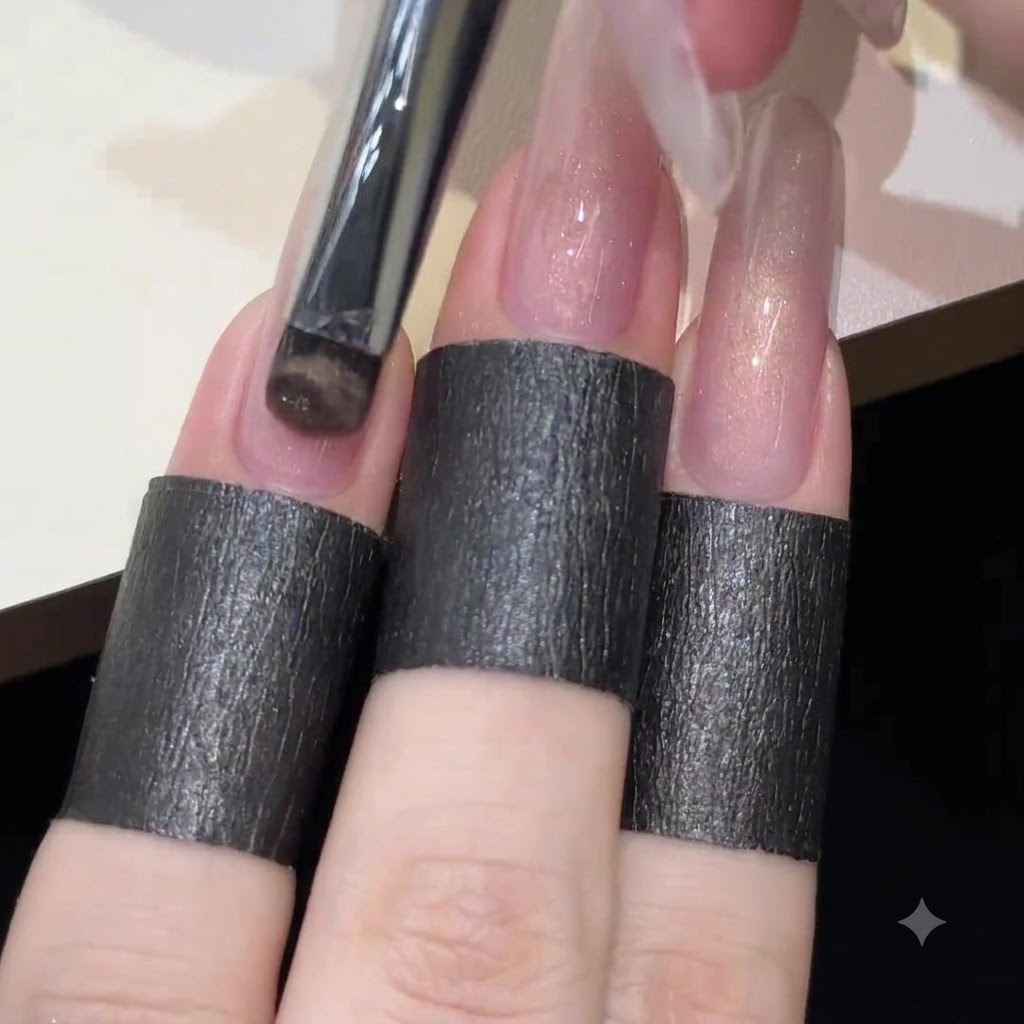 Ein Pinsel trägt eine gleichmäßige Schicht rosafarbenes Cat-Eye-Gel auf einen langen Nagel auf.
