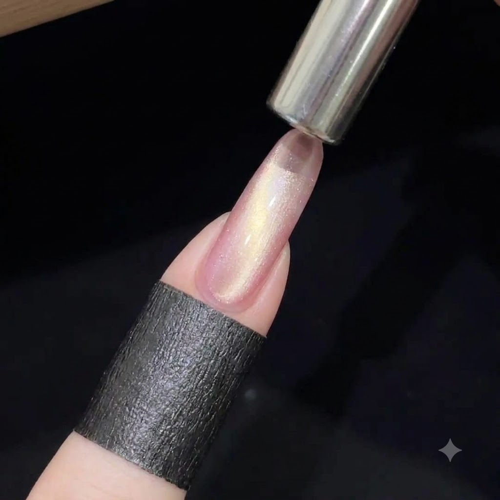 Ein zylindrischer Magnet wird nah über einen rosafarbenen Cat-Eye-Nagel gehalten, um ein breites Lichtband zu erzeugen.