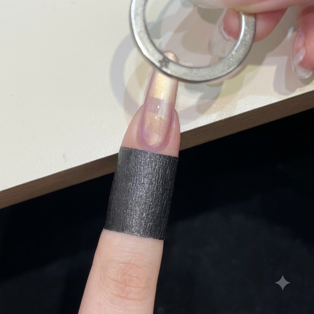 Ein runder Ringmagnet wird waagerecht über den feuchten Cat-Eye-Nagel gehalten, um ein wirbelndes Band zu formen.