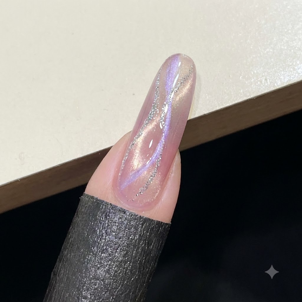 Eine Nahaufnahme eines rosa schimmernden Nagels mit einer Schicht unvollendetem Aufbaugel.