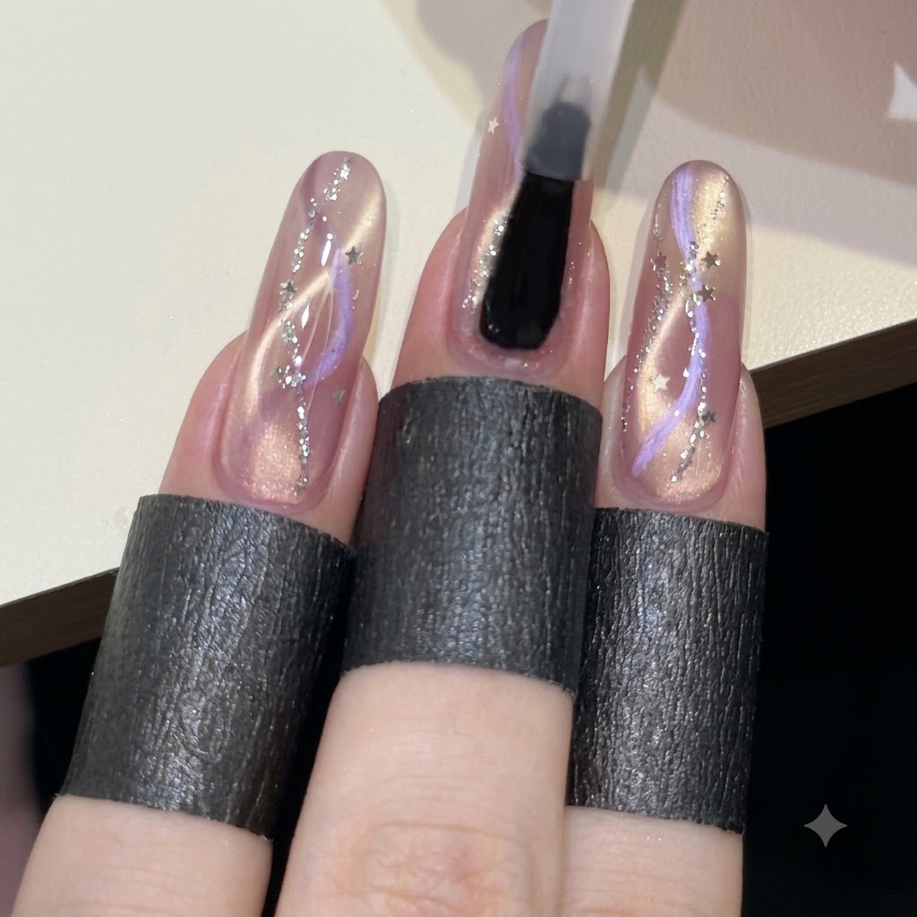 Ein Pinsel trägt glänzenden Topcoat über ein rosa Ribbon-Cat-Eye-Design mit Glitter und Sternen auf.