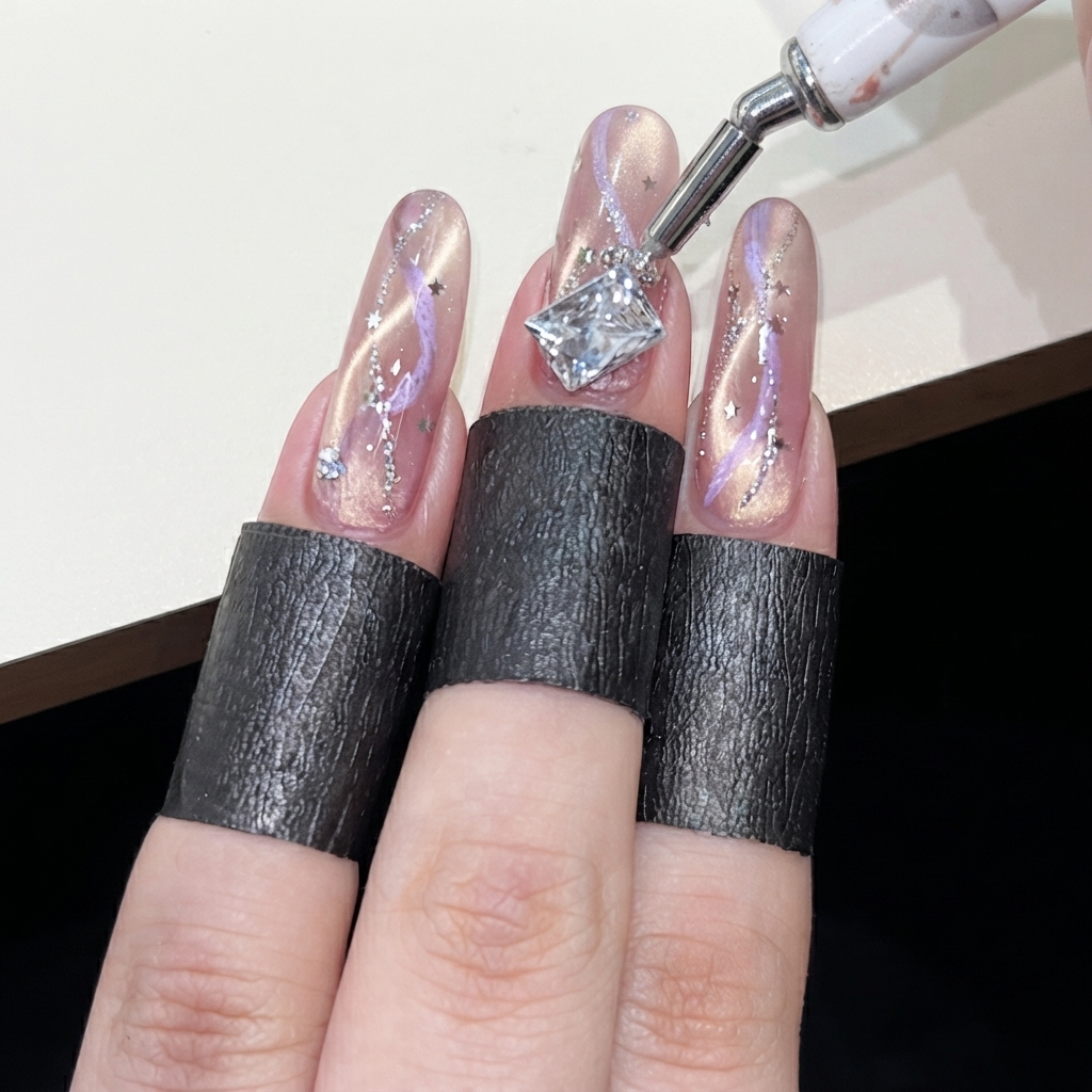 Ein Wachsstift platziert einen großen diamantförmigen Strassstein nahe der Nagelhaut.