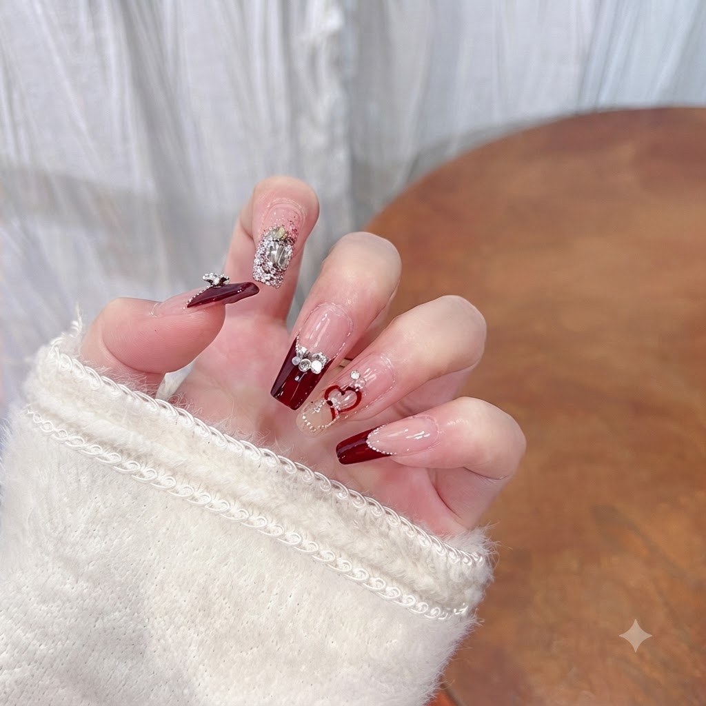 Nahaufnahme des Ringfingers, die ein rotes Herz-Kontur-Design über einer Nude-Basis zeigt.