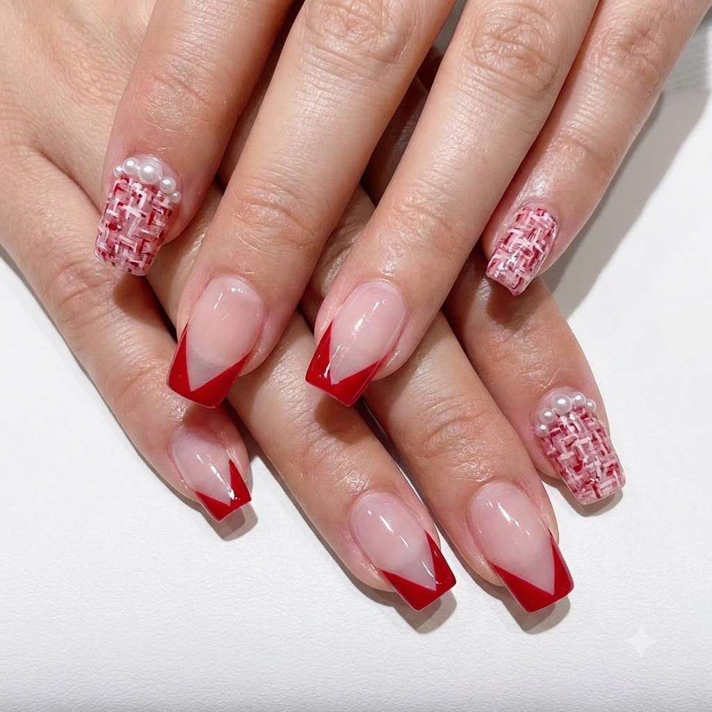 Detaillierte Nahaufnahme eines Liner-Pinsels, der einen präzisen roten V-förmigen French-Tip-Umriss auf einen Naturnagel zeichnet.