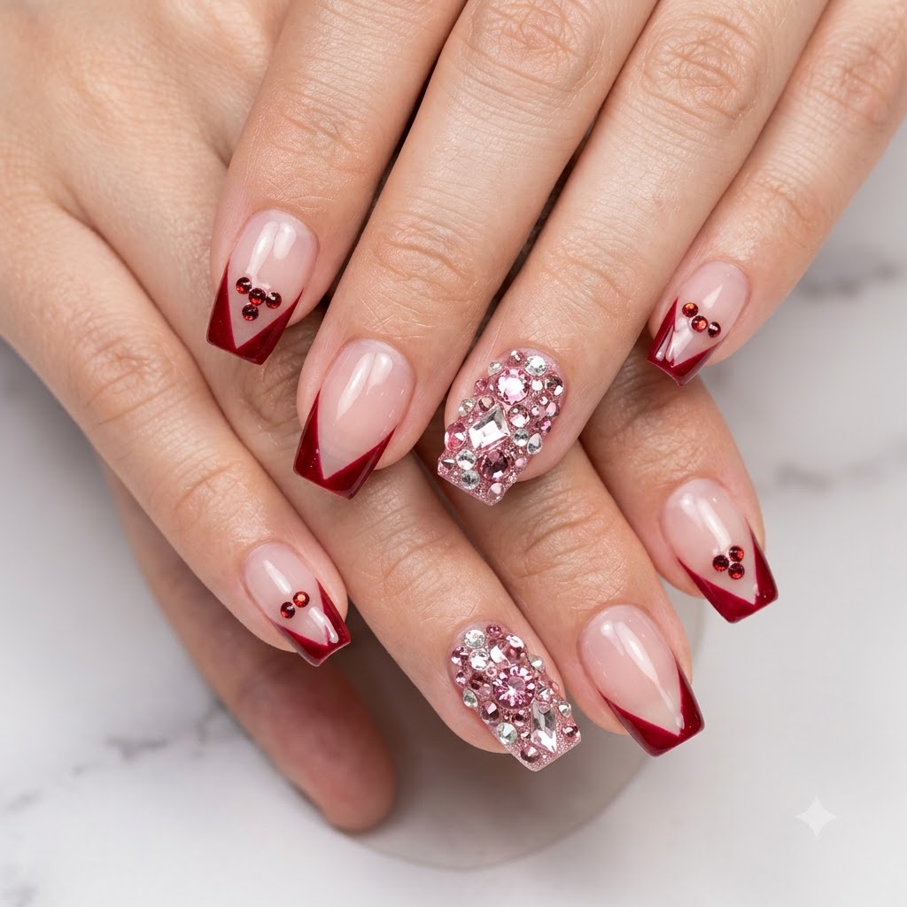 Eine Nahaufnahme von Händen, die fertige V-Tip-Nägel mit roten Herz-Akzentpunkten und Strassstein-Nailart zeigen.