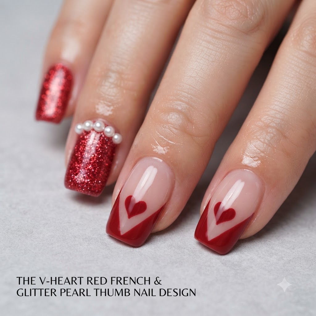 Eine Nahaufnahme, die ein fertiges, massives rotes Herz zeigt, das in den Negative Space einer V-French-Maniküre gemalt wurde.