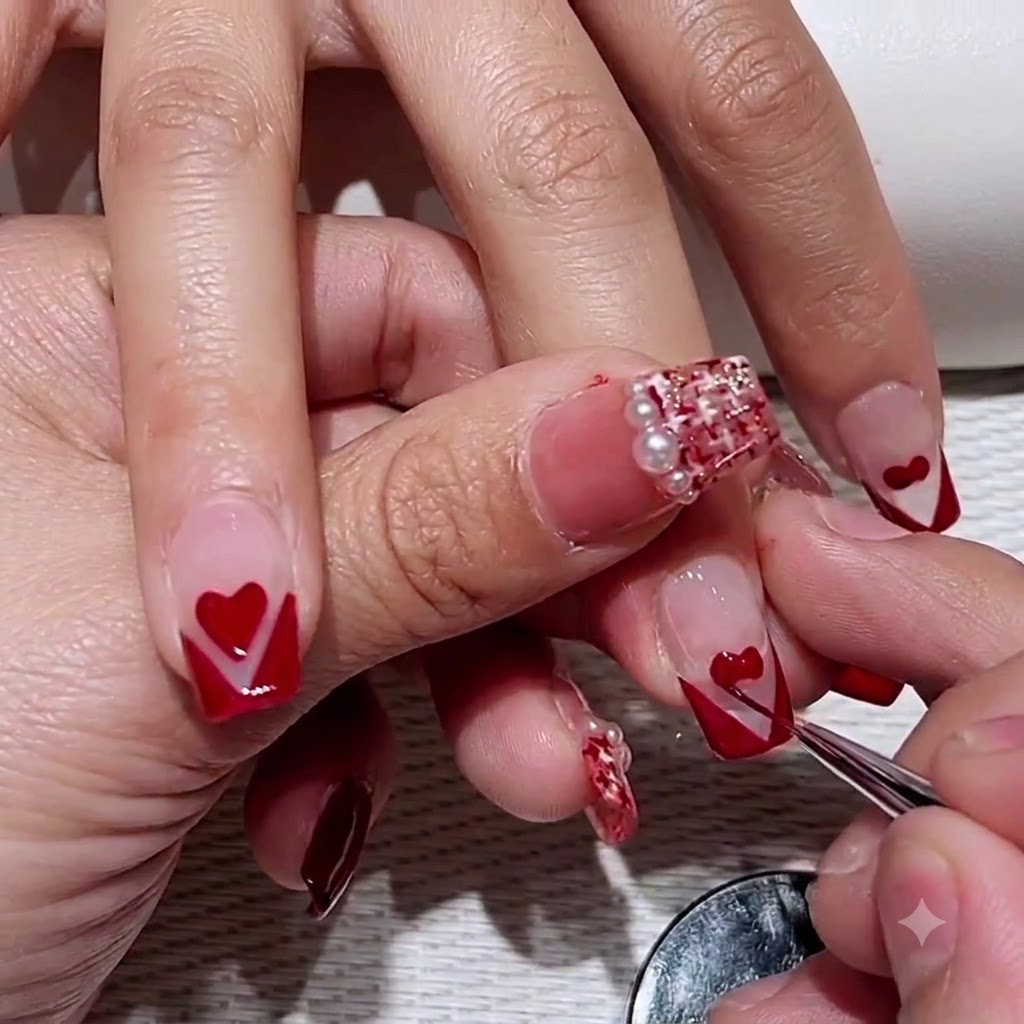Ein feiner Nailart-Pinsel umrandet präzise die Ränder eines gemalten roten Herzens auf dem Fingernagel einer Kundin.