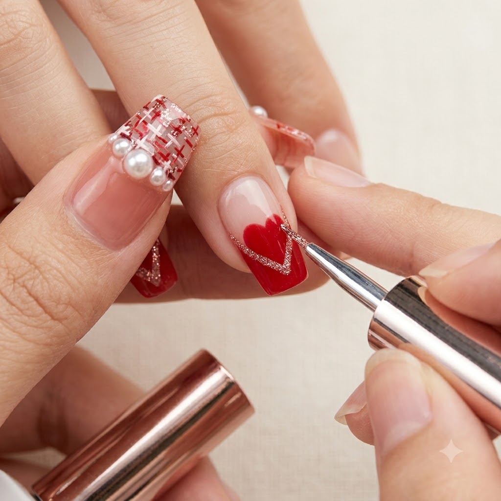 Ein Striper-Pinsel zieht eine feine Linie aus roségoldenem Glitzer entlang der Kante eines roten V-Tip-Nageldesigns.