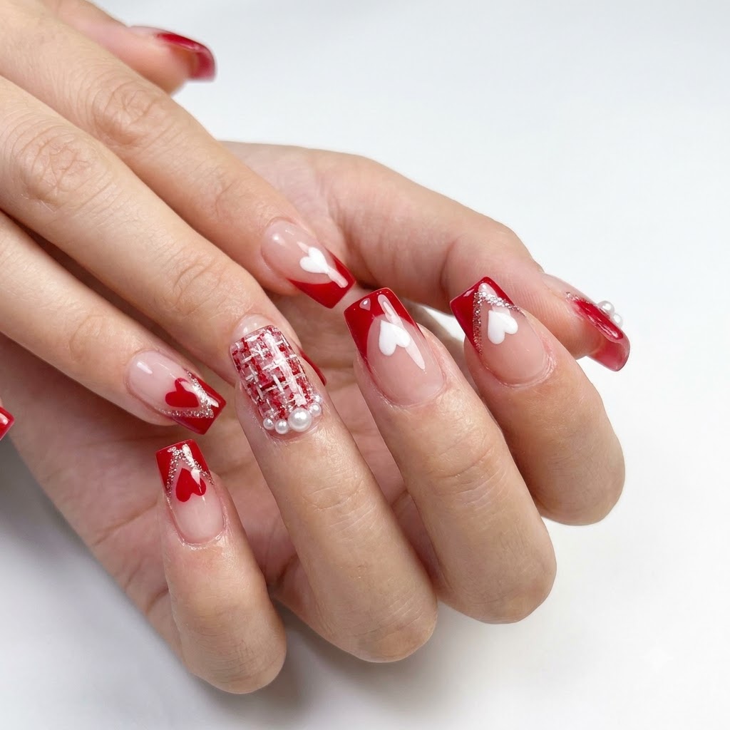 Ein Nageldesigner trägt eine funkelnde roségoldene Glitzerumrandung innerhalb des V-Tips eines dekorierten Fingernagels auf.