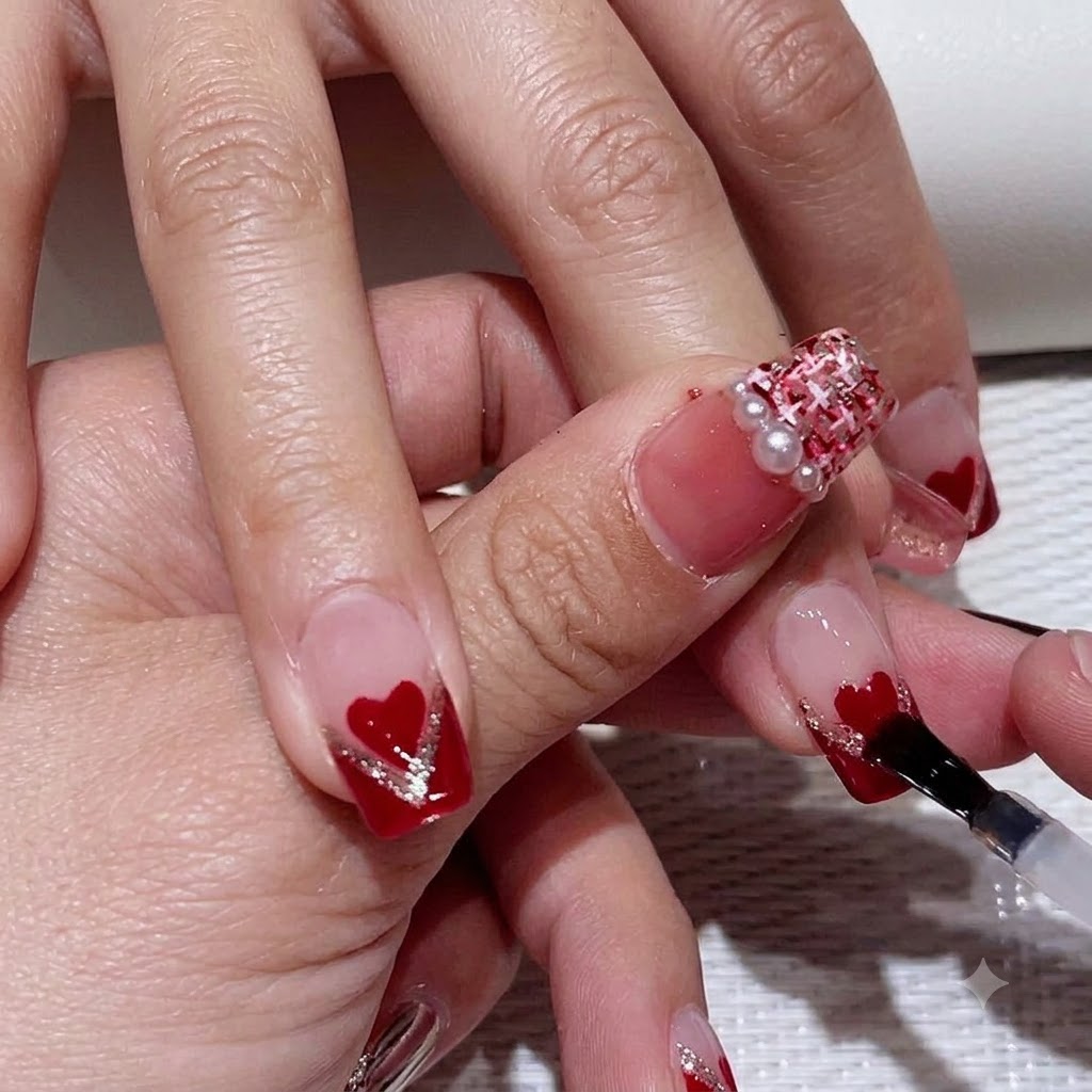 Ein Top-Coat-Pinsel gleitet sanft über den mittleren Fingernagel, um das Nailart-Design mit einem glänzenden Finish zu fixieren.