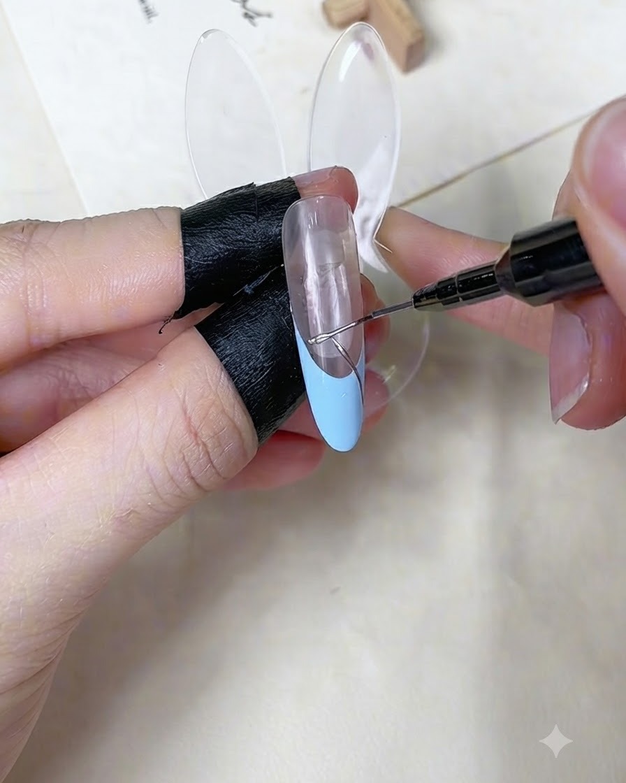 Ein feiner Liner-Pinsel zieht eine dünne silberne Akzentlinie über einen blauen und nudefarbenen Nagel.