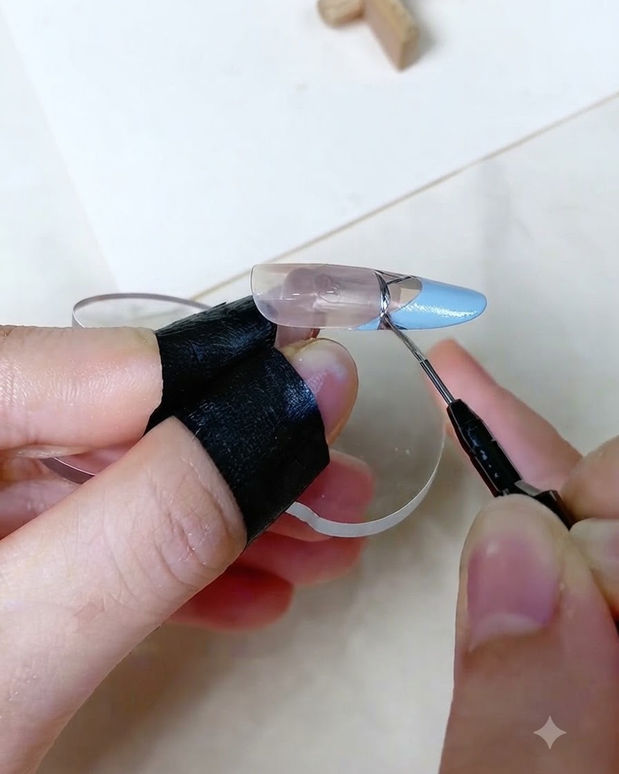 Nahaufnahme eines feinen Detailpinsels beim Zeichnen einer präzisen silbernen Metallic-Linie am Übergang einer babyblauen French-Spitze auf einem künstlichen Nagel.