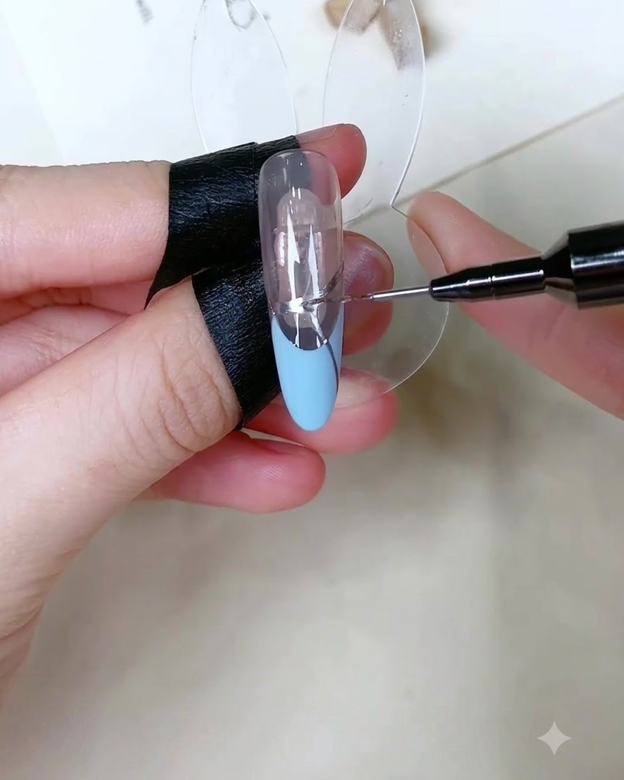 Ein Präzisionswerkzeug trägt winzige Punkte aus klarem Klebegel auf die silberne Linie eines French-Maniküre-Designs auf.
