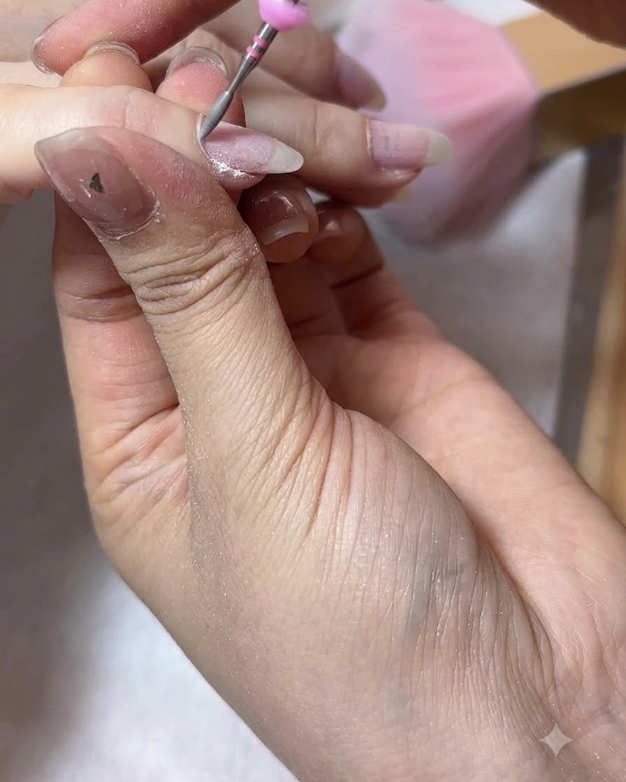 Ein Fräser mit Flammenbit reinigt die trockene Haut im Nagelhautbereich eines Daumens.