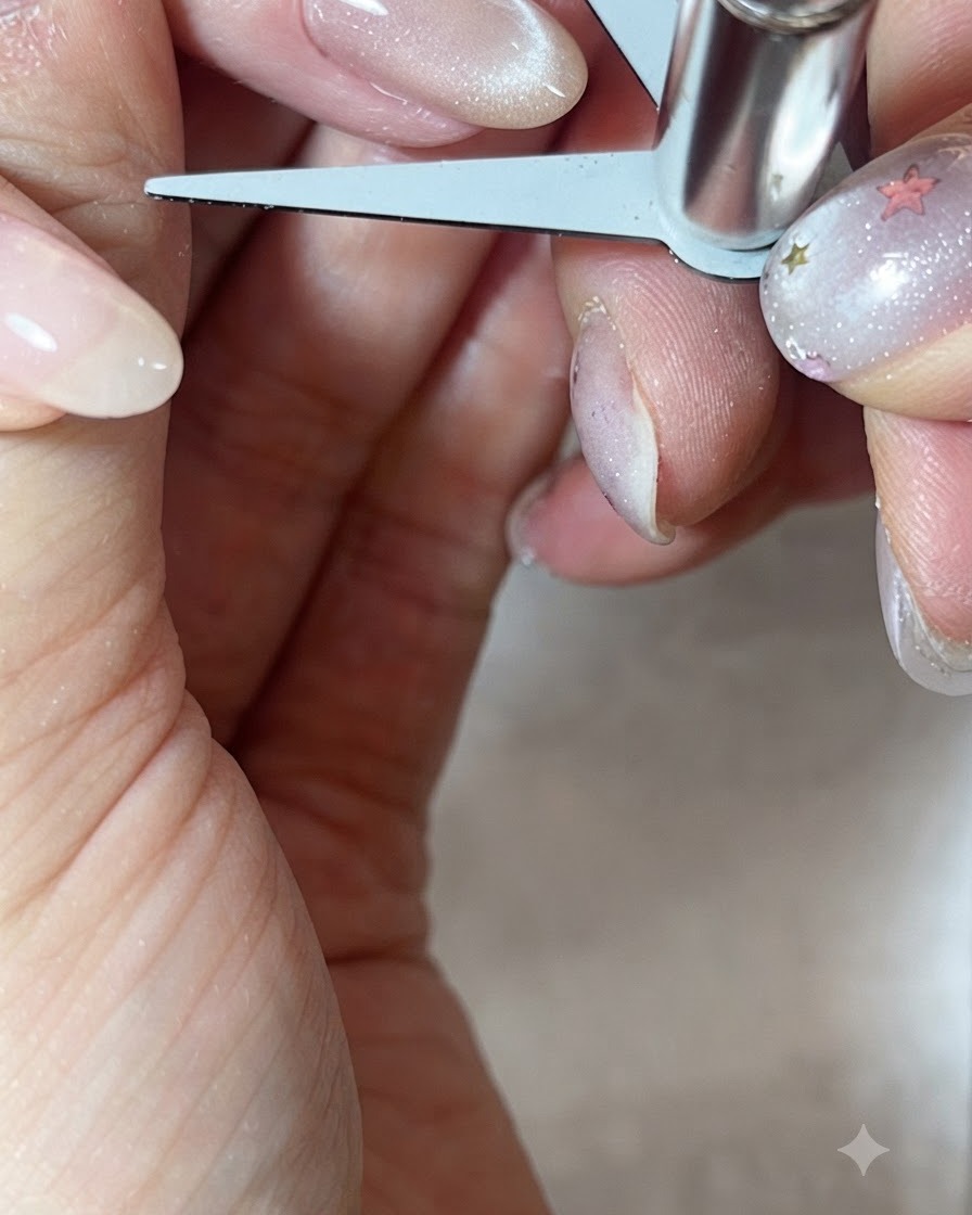 Ein V-förmiges Scherenmagnet-Werkzeug schwebt über der Nagelspitze, um einen konzentrierten Cat-Eye French Spitzeneffekt zu erzeugen.