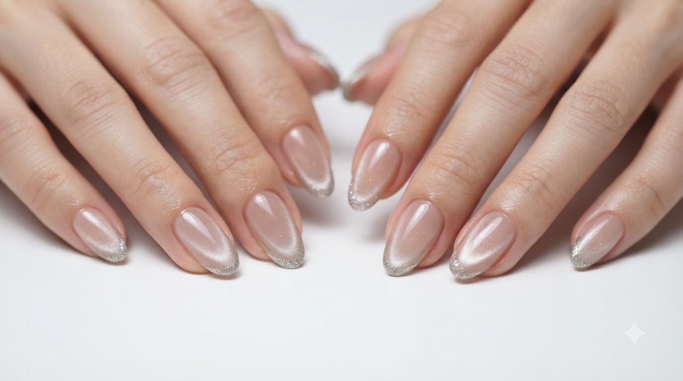 Einfache French Cat Eye Nägel mit silbernen Glitzerspitzen — Schritt-für-Schritt-Anleitung