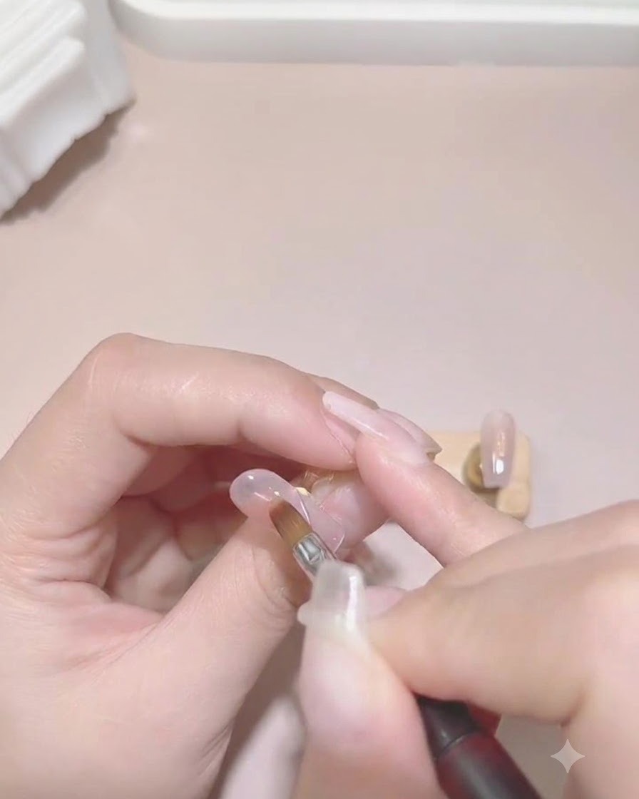 Eine Hand wird in eine weiße UV/LED-Nagellampe gelegt, um die Gel-Farbchichten auszuhärten.