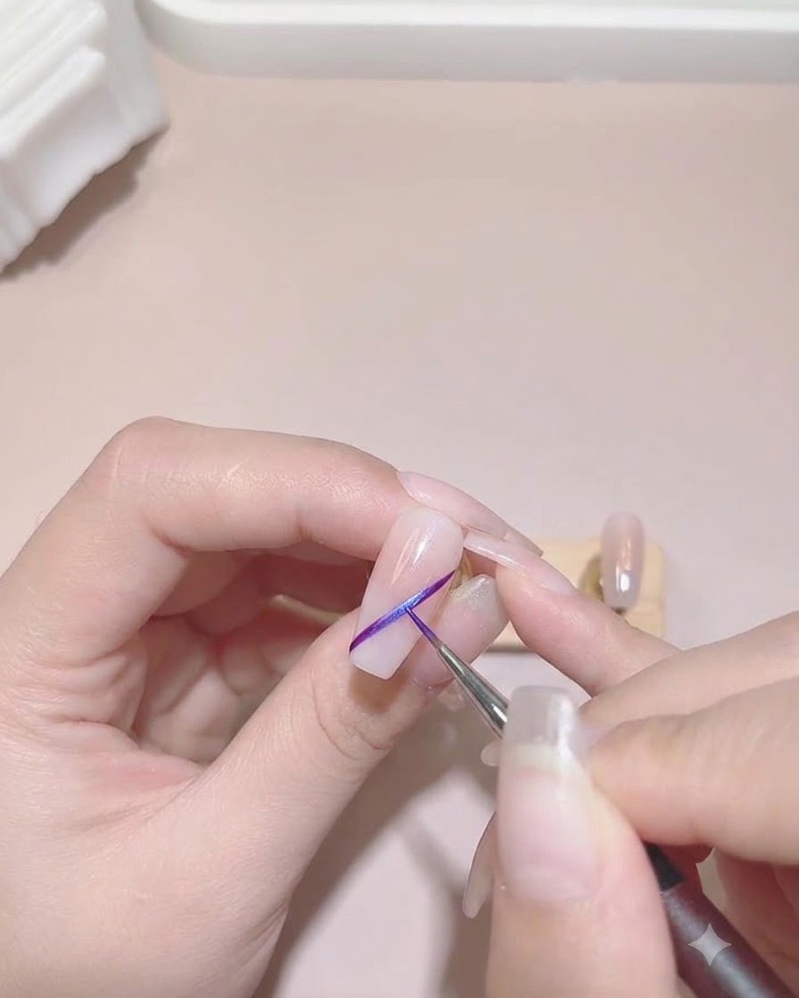 Ein feiner Pinsel zieht eine kräftige lila diagonale Linie über eine neutral getönte Nagelspitze.