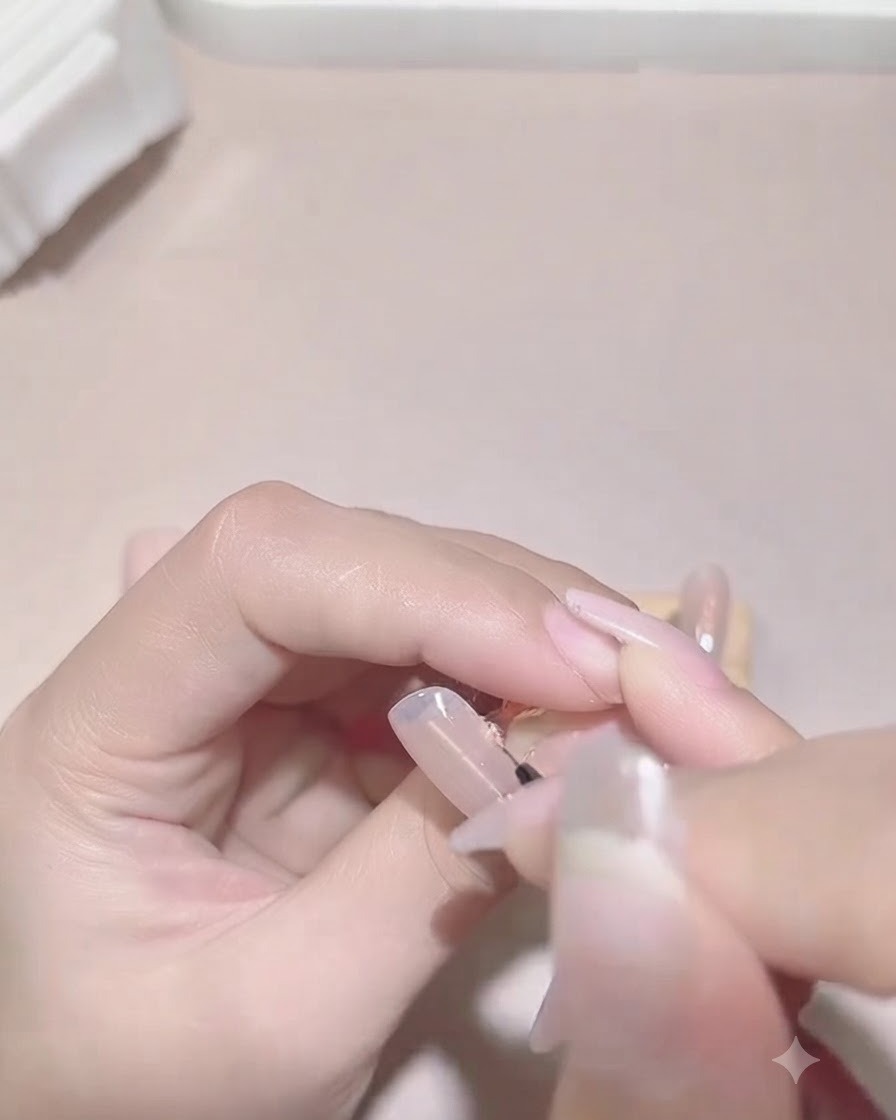 Ein feiner Nail-Art-Pinsel malt eine wellenförmige, unregelmäßige lila French-Tip-Linie über einen Naturnagel.