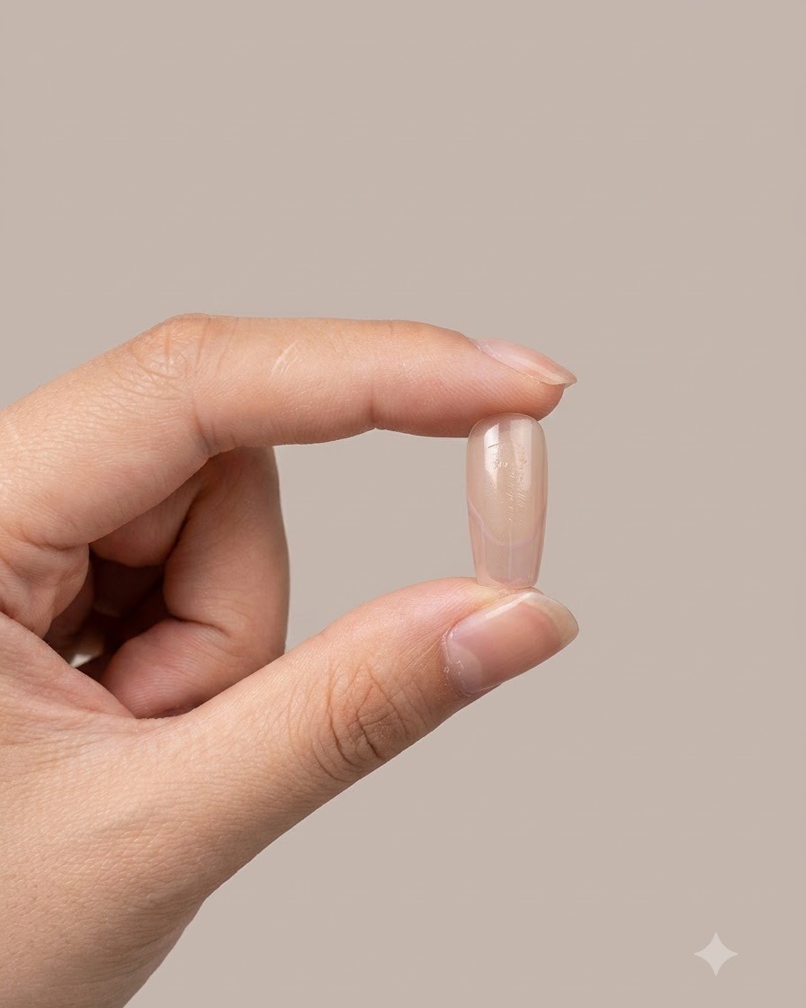 Ein einzelner manikürter Finger hält ein fertiges French-Tip-Nageldesign vor einen schlichten Hintergrund.