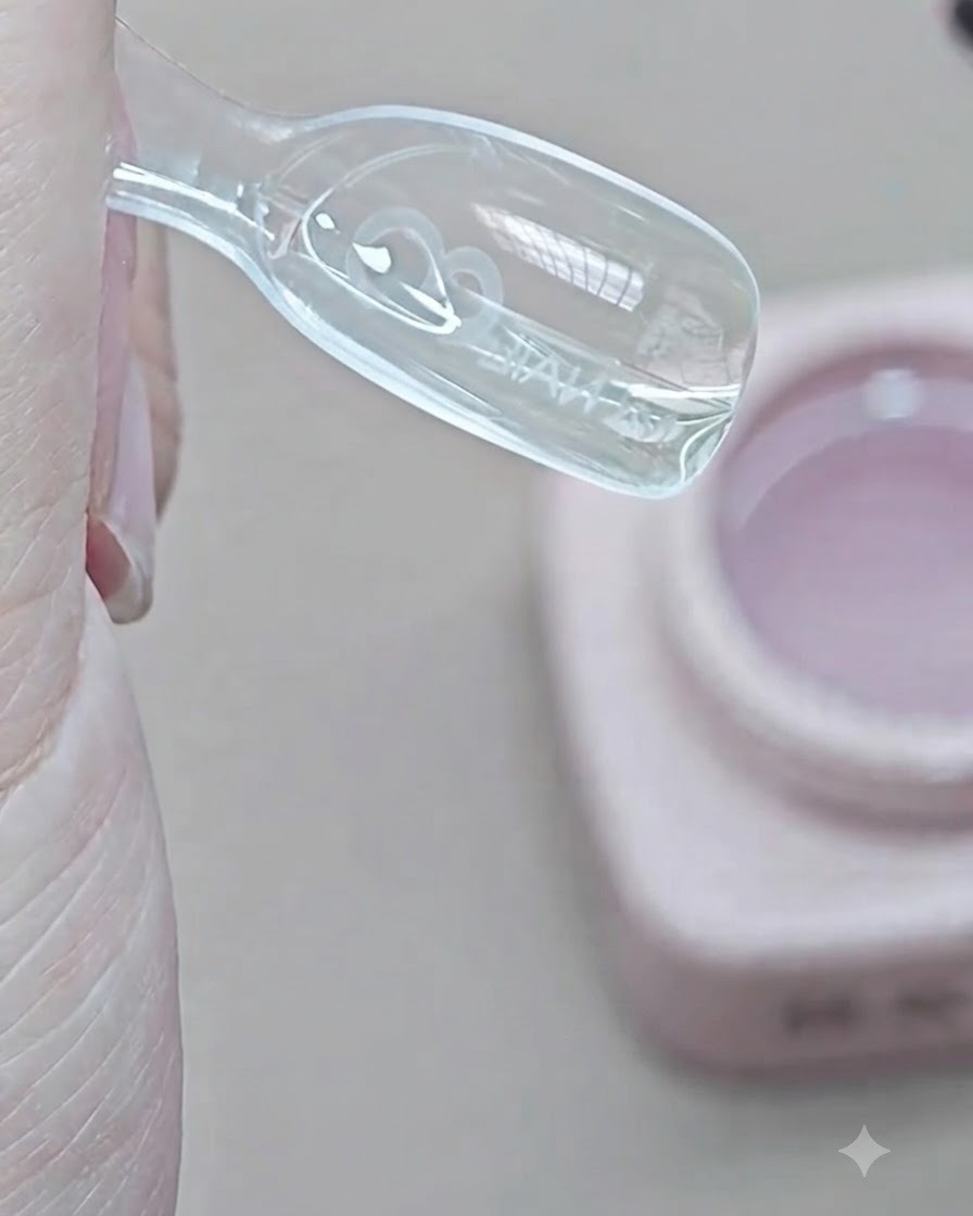 Ein Pinsel platziert transparentes Extension Gel in die innere Wölbung einer klaren Dual Form aus Plastik.