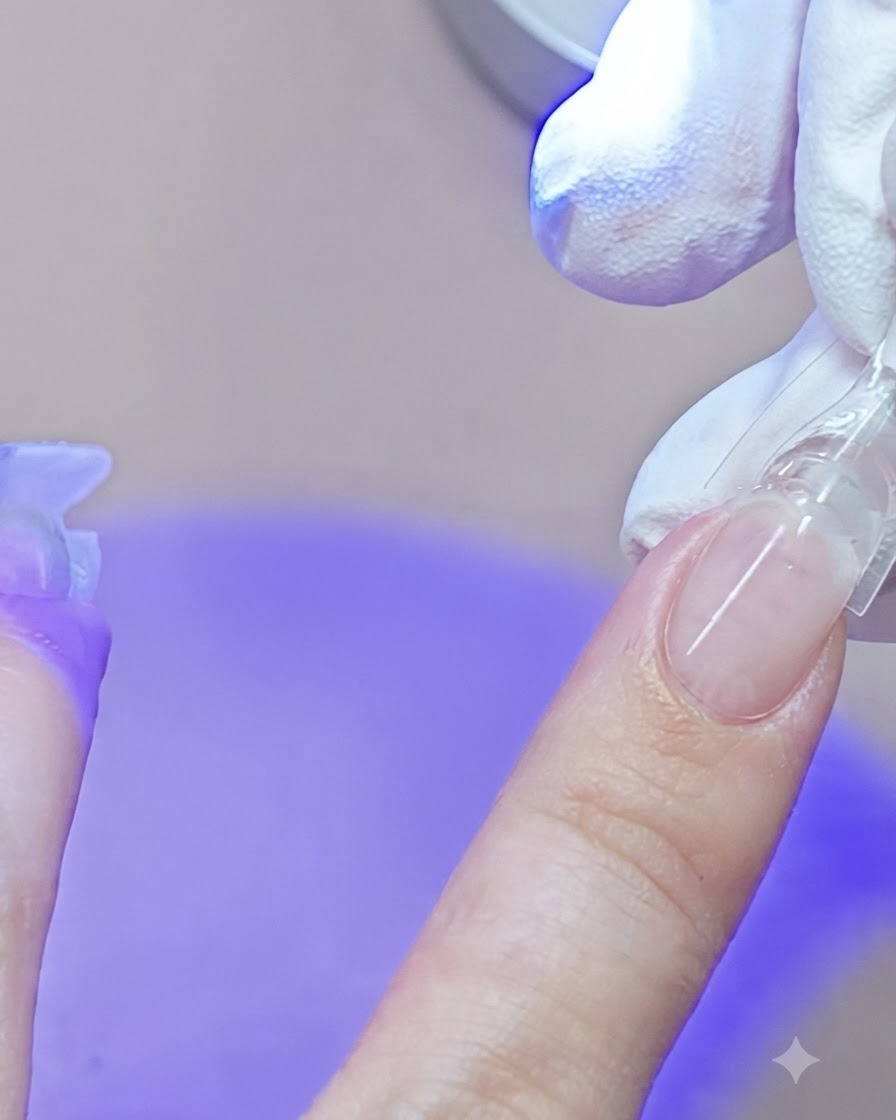 Eine Hand drückt eine klare Dual Form auf einen kleinen Fingernagel, während eine blaue Mini-UV-Lampe das Gel aushärtet.