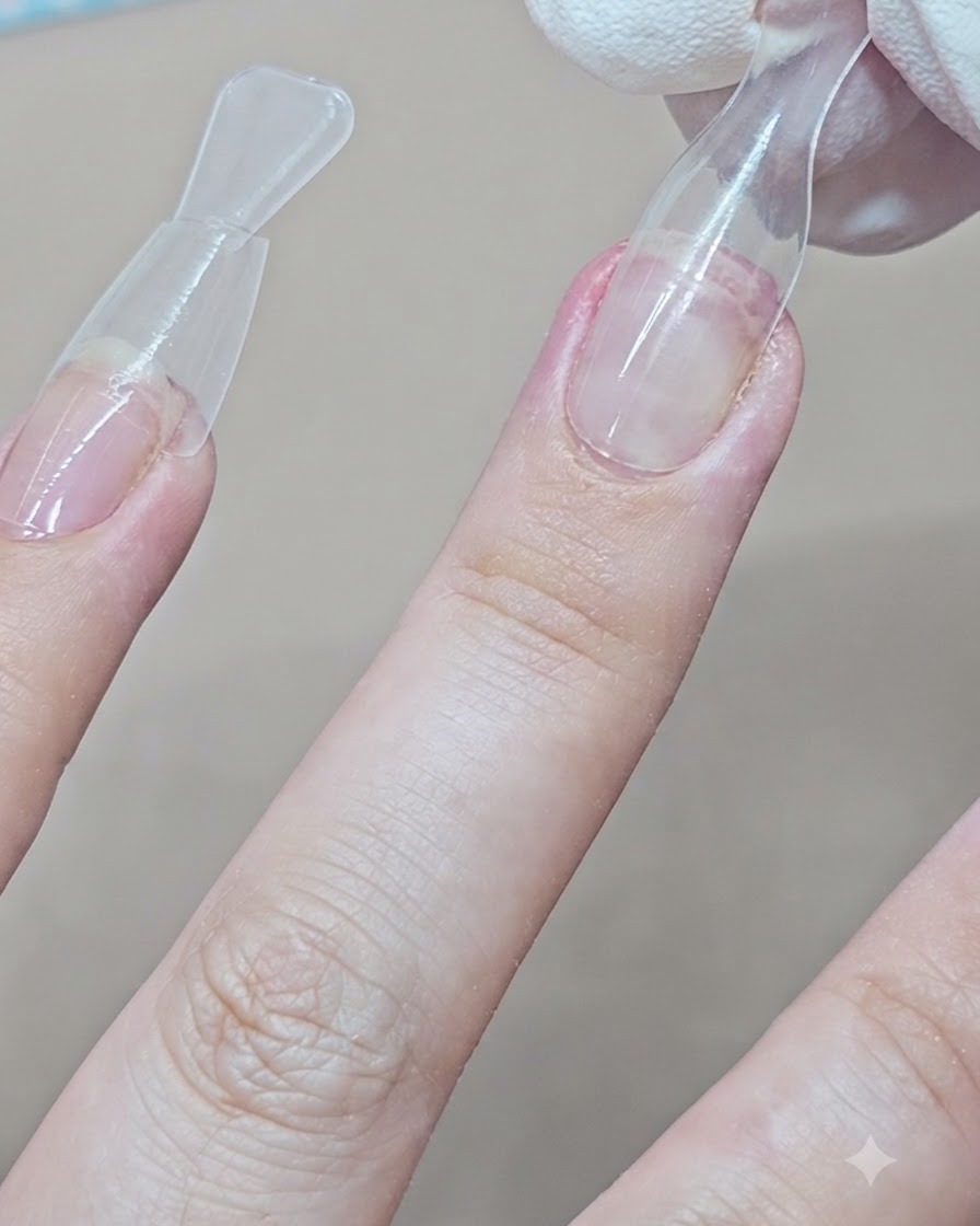 Nahaufnahme einer Dual Form, die von einer fertigen klaren Gel-Verlängerung am Mittelfinger abgezogen wird.