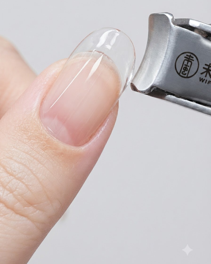 Nagelknipser aus Metall schneiden sorgfältig überschüssiges, ausgehärtetes Gel am Nagelrand einer transparenten Nagelverlängerung ab.