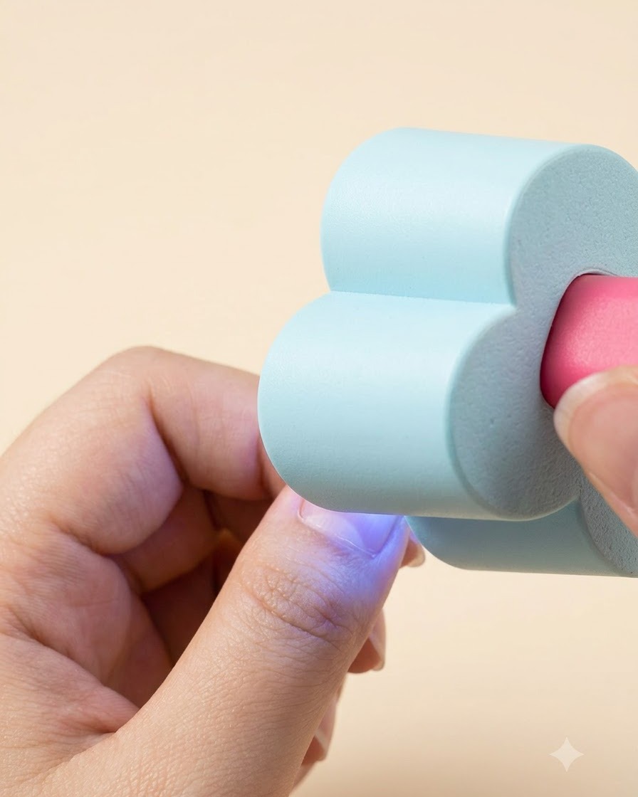 Eine handgeführte blaue, blütenförmige Mini-UV-Lampe härtet eine Builder-Gel-Schicht auf einem Finger aus.