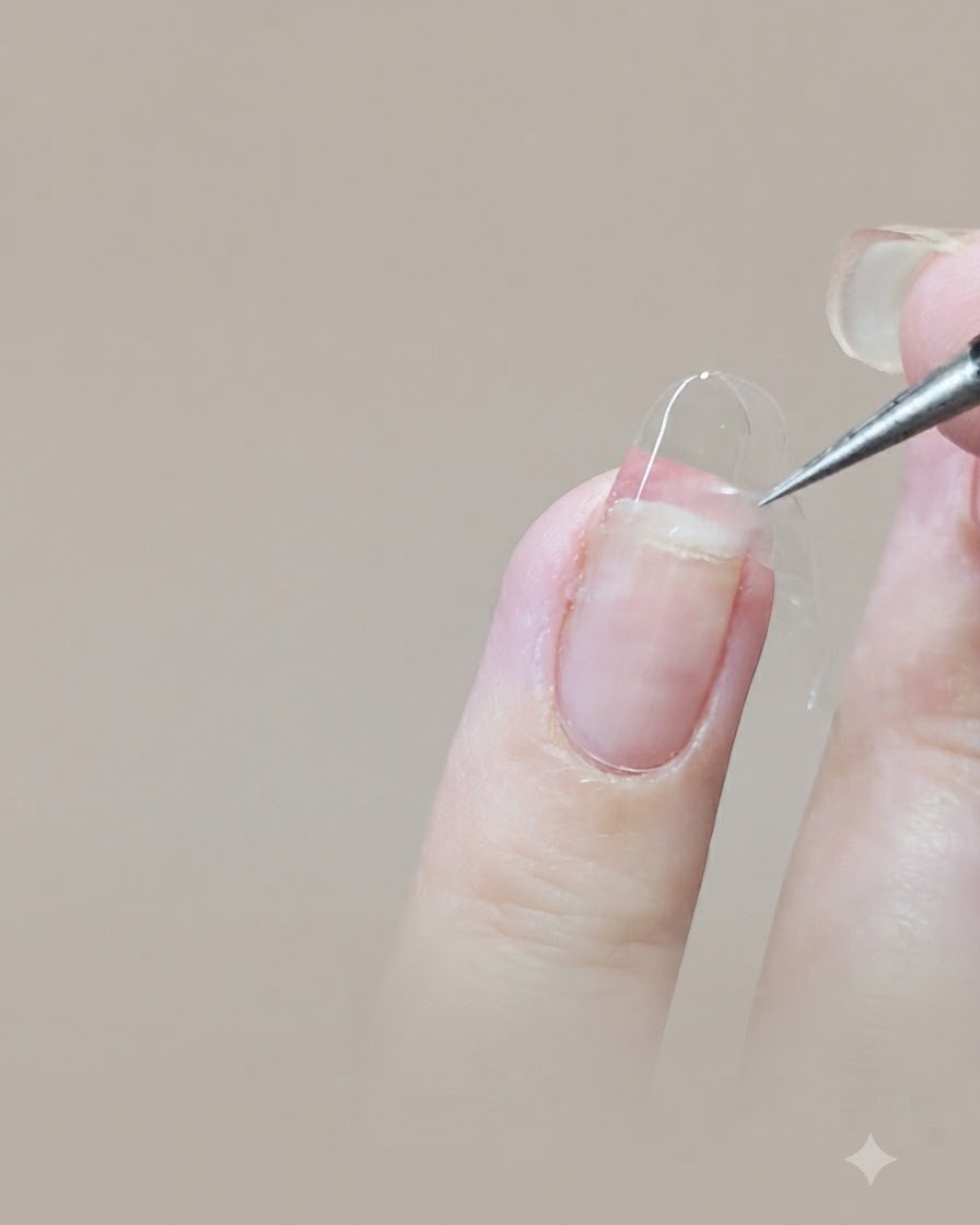 Eine Pinzette platziert eine geschwungene French-Smile-Line-Stickerschablone quer über eine transparente Nagelverlängerung.