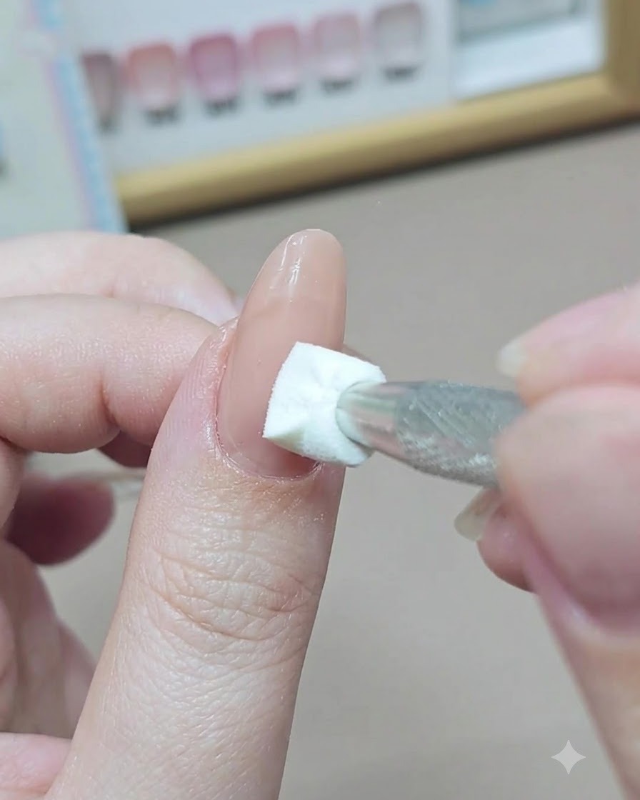 Ein kleiner Make-up-Schwamm tupft opakes Nude-Geländekor auf das Nagelbett unterhalb einer Schablone.