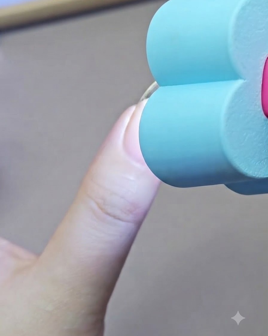 Eine handgeführte blaue Mini-UV-Lampe härtet eine gespongte Nude-Farbschicht auf einem Fingernagel aus.