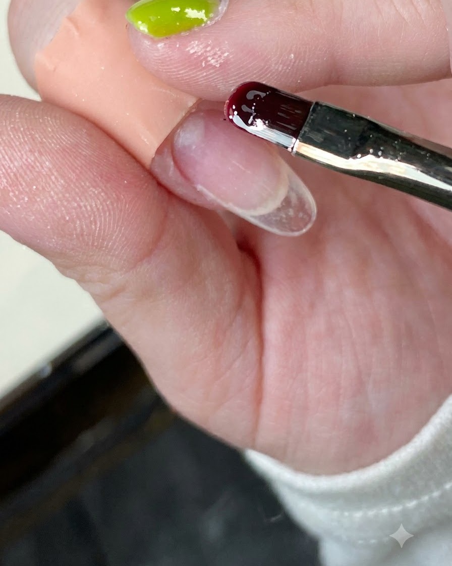 Eine Nahaufnahme eines Pinselstiels, der einen klaren Base Coat auf eine Nagelspitze aufträgt.