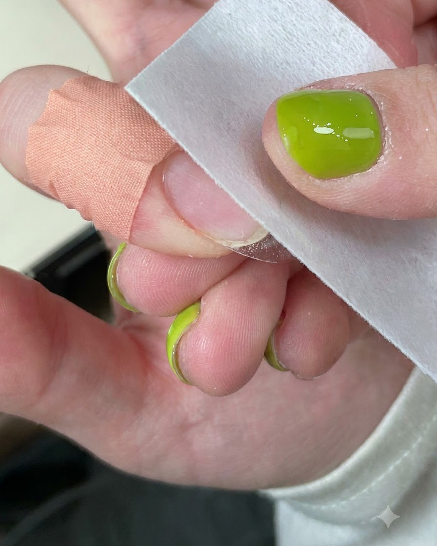 Ein Reinigungspad, das die Oberfläche eines ausgehärteten Nagels abwischt.