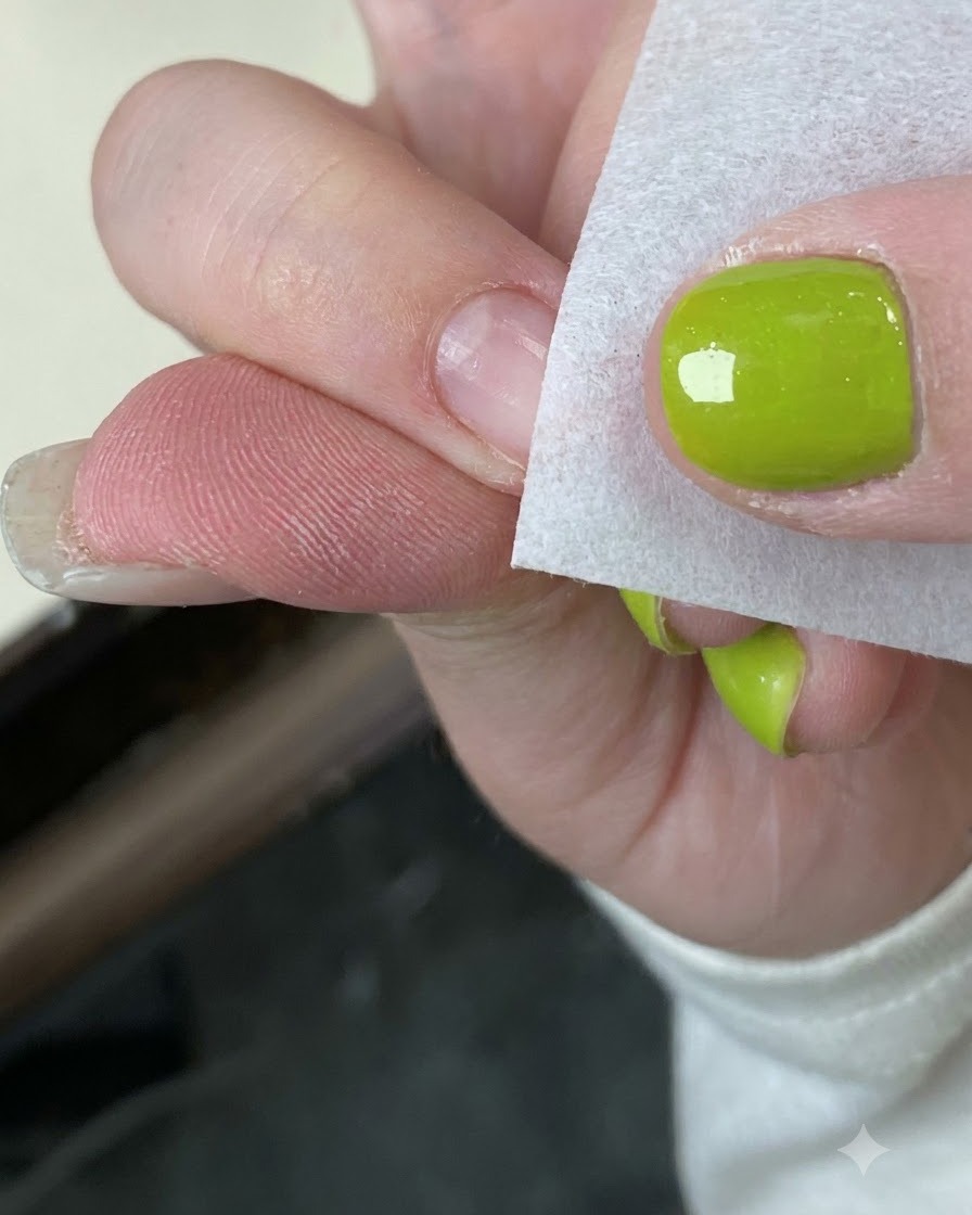Eine Nahaufnahme eines Fingers, der mit einem Schwamm etwas elfenbeinfarbenes Gel nahe der Nagelspitze erhält.