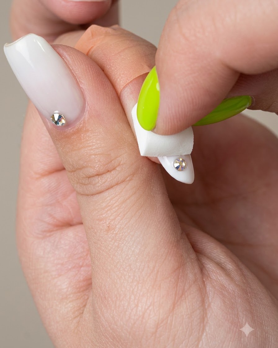 Ein kleiner Make-up-Schwamm, der elfenbeinfarbenes Gel auf einer manikürten Nagelspitze verblendet.