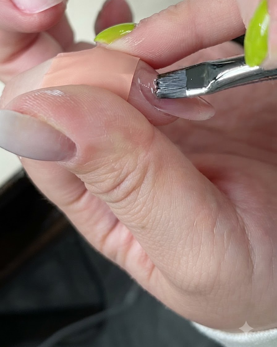 Ein Gelpinsel, der sorgfältig Nude-Rosa-Gel über dem Nagelbett aufträgt.