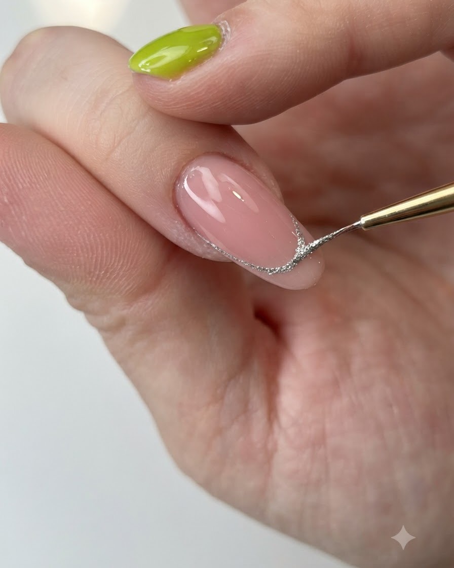 Ein feiner Pinsel, der den Bereich der French-Spitze mit glitzerndem Silbergel ausfüllt.