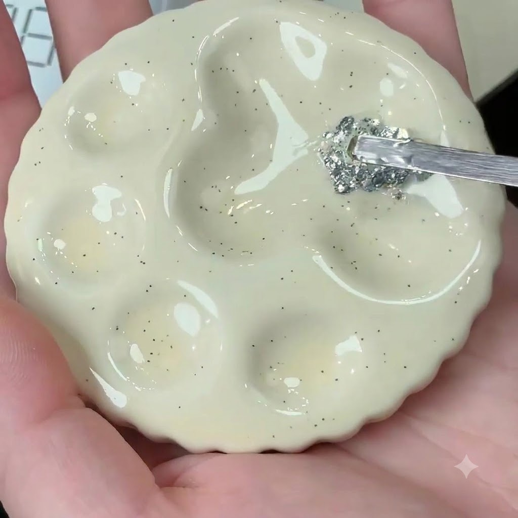 Ein Metallwerkzeug, das groben Silberglitter von einer Keramik-Mischpalette aufnimmt.