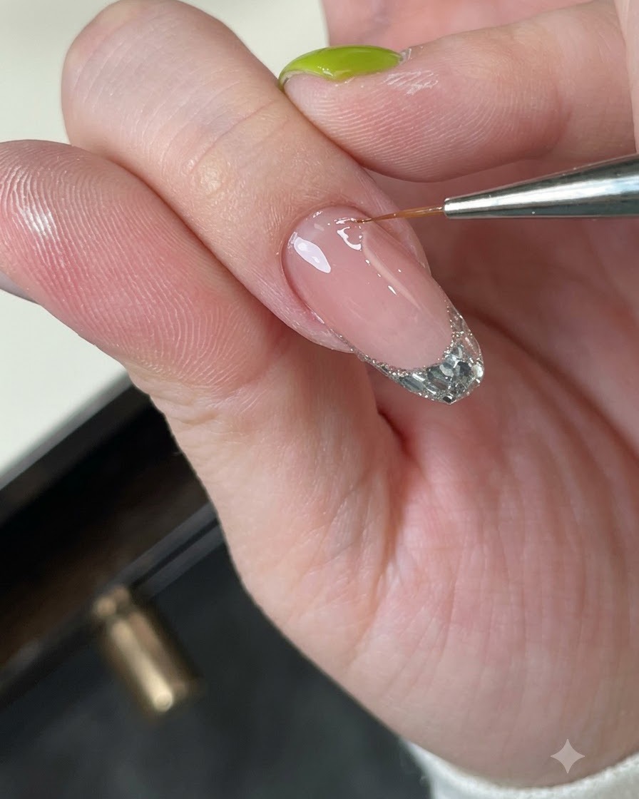 Ein Fingernagel in Nahaufnahme, während sich das Builder Gel zu einem glatten Apex selbst nivelliert.