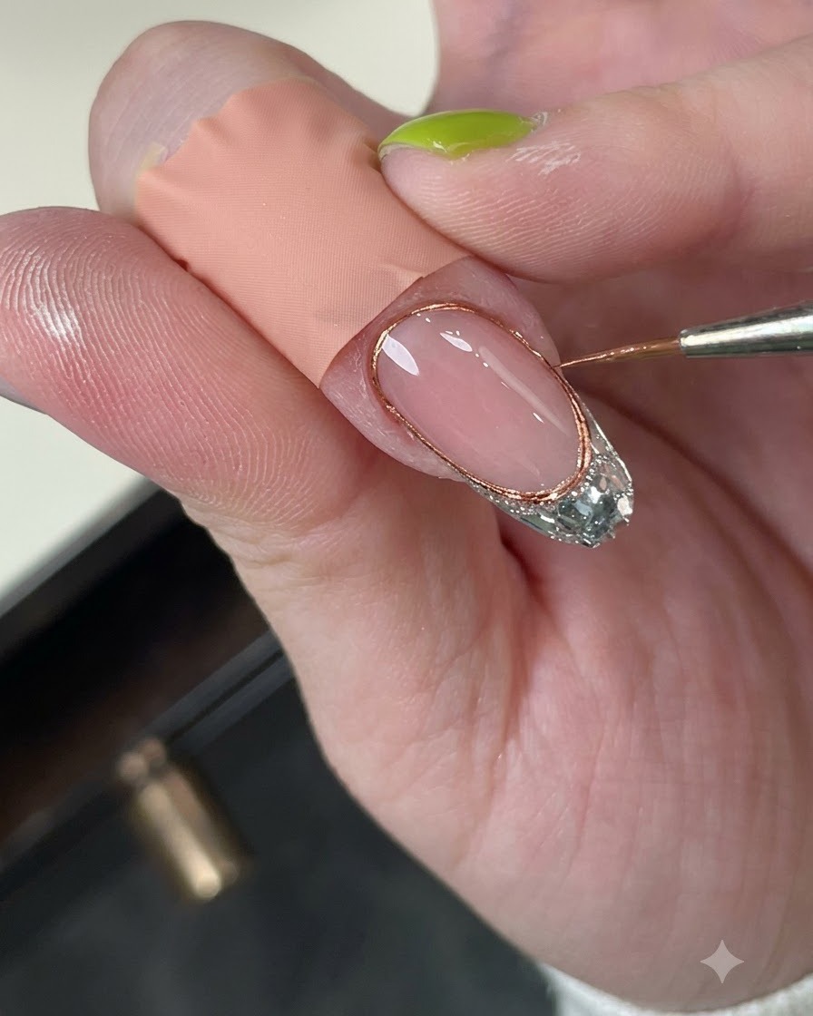 Eine handgehaltene weiße Härtungslampe über einem Fingernagel positioniert, um das Geldesign zu härten.
