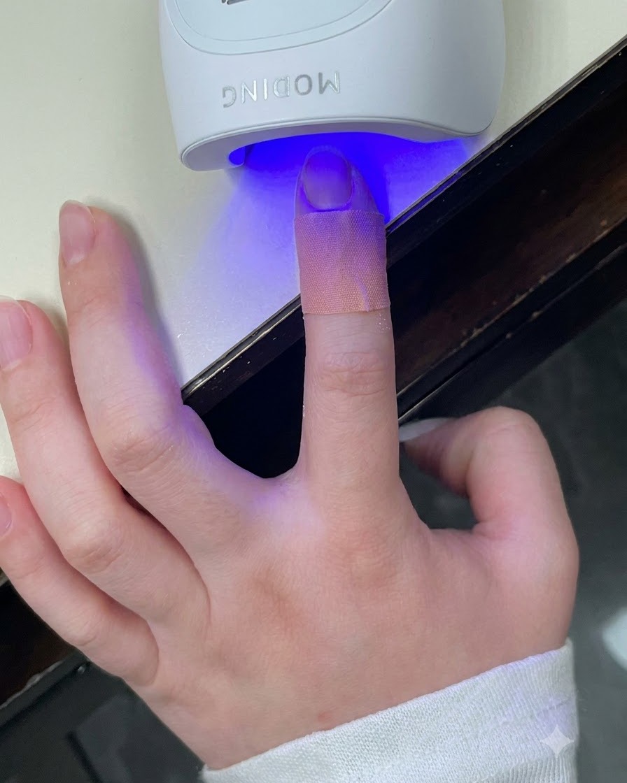 Ein Pinsel trägt klaren, glänzenden Top Coat über einen verzierten French-Maniküre-Nagel auf.