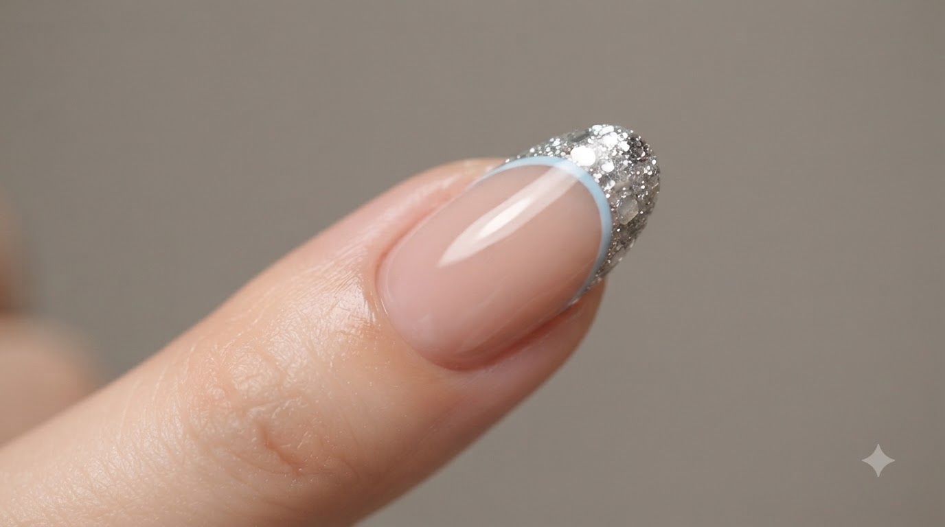 French Glitter Tip mit blauen Akzenten — Schritt-für-Schritt-Anleitung
