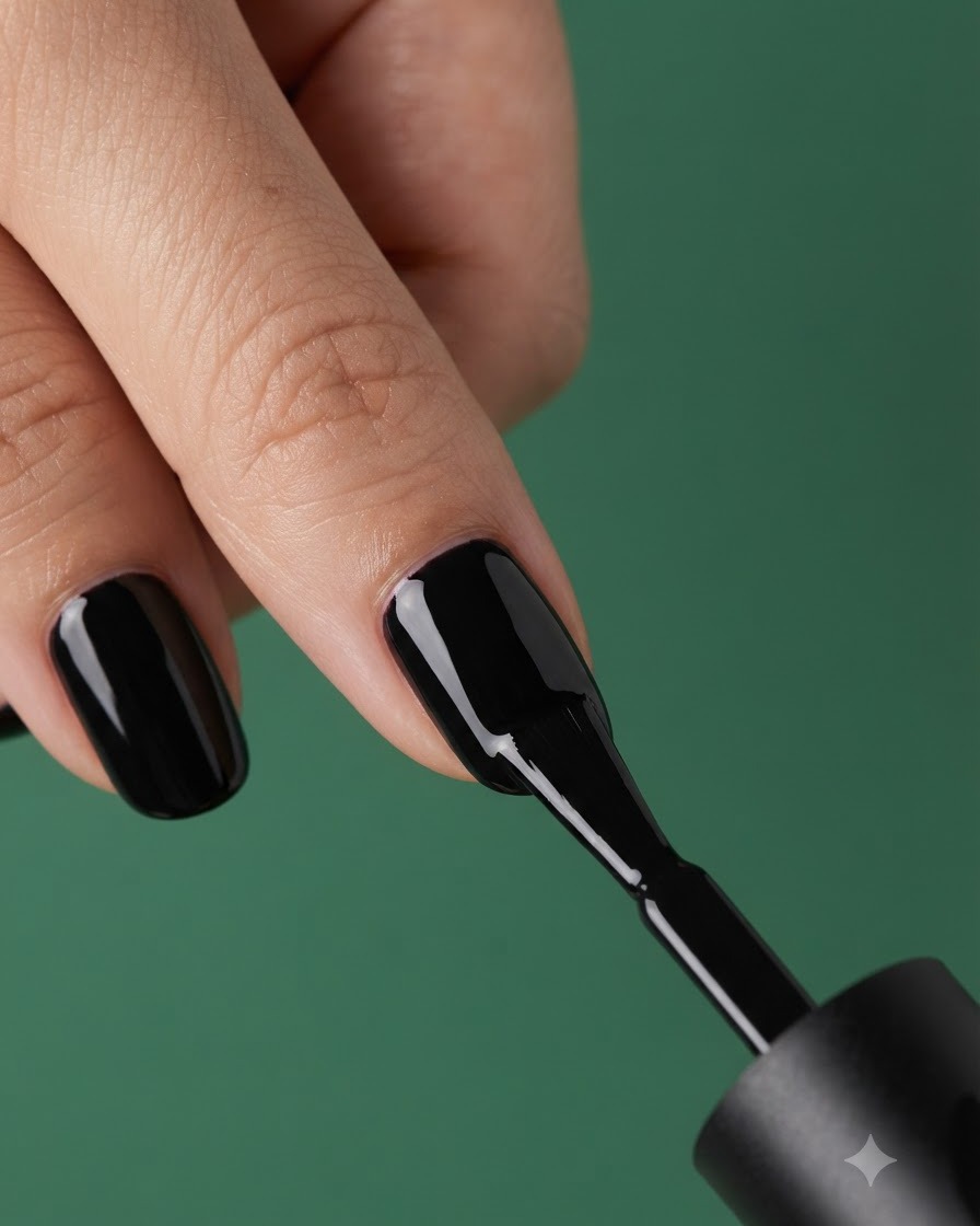 Ein Nagelpinsel trägt eine zweite Schicht glatten schwarzen Gel-Lacks auf einen manikierten Nagel auf.