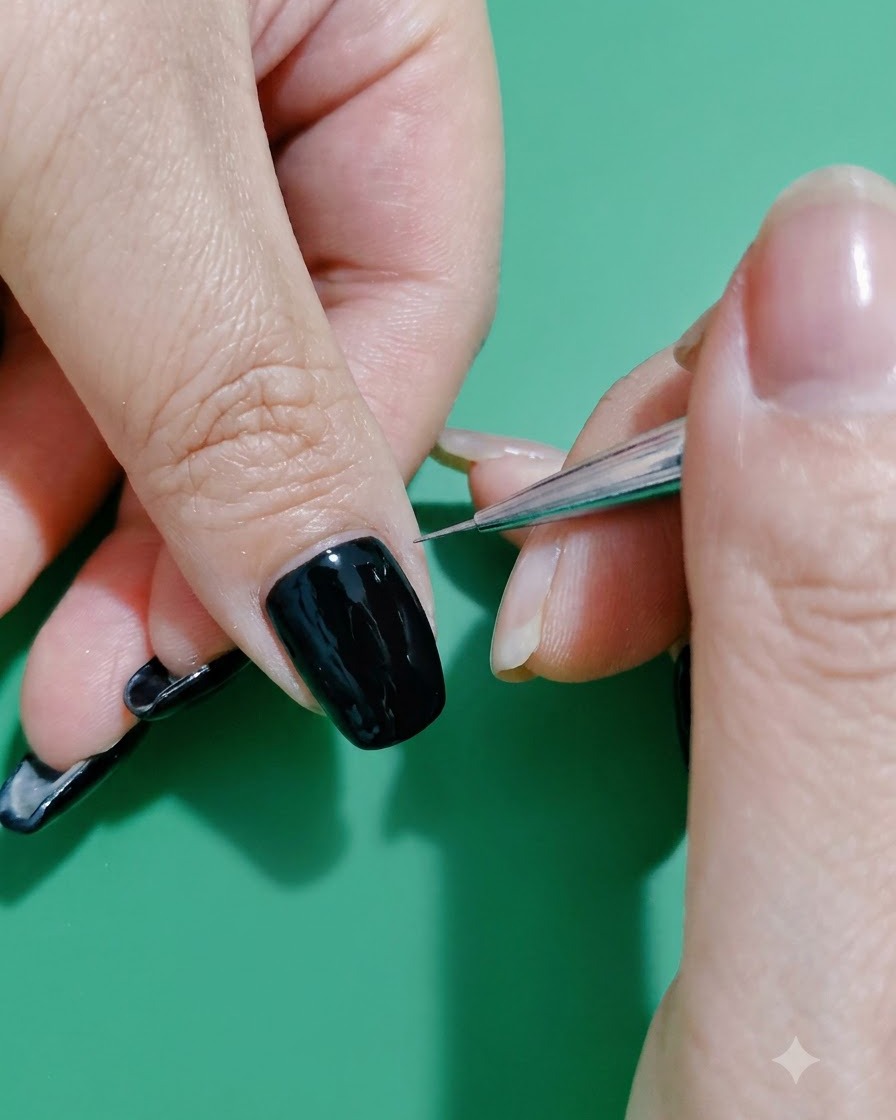 Ein feiner Liner-Pinsel zieht eine zarte silberne Glitzerlinie entlang des Nagelhautbereichs eines schwarzen Nagels.