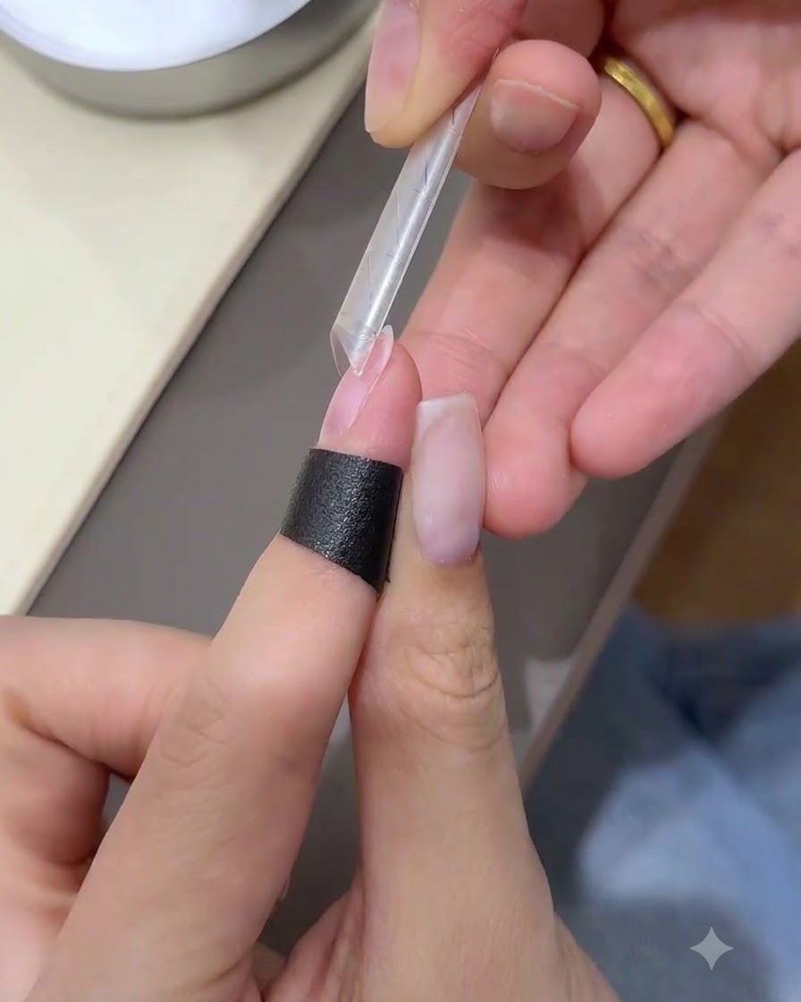 Eine Hand positioniert einen klaren Nagelverlängerungstip in einem leichtem Winkel über einem Naturnagel.