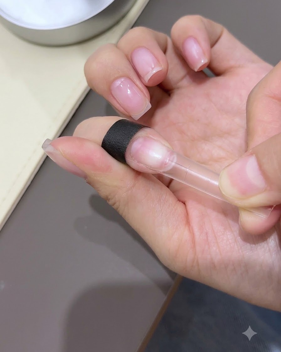 Eine Hand drückt einen klaren Nagelverlängerungstip flach auf einen Finger und bereitet das UV-Aushärten vor.