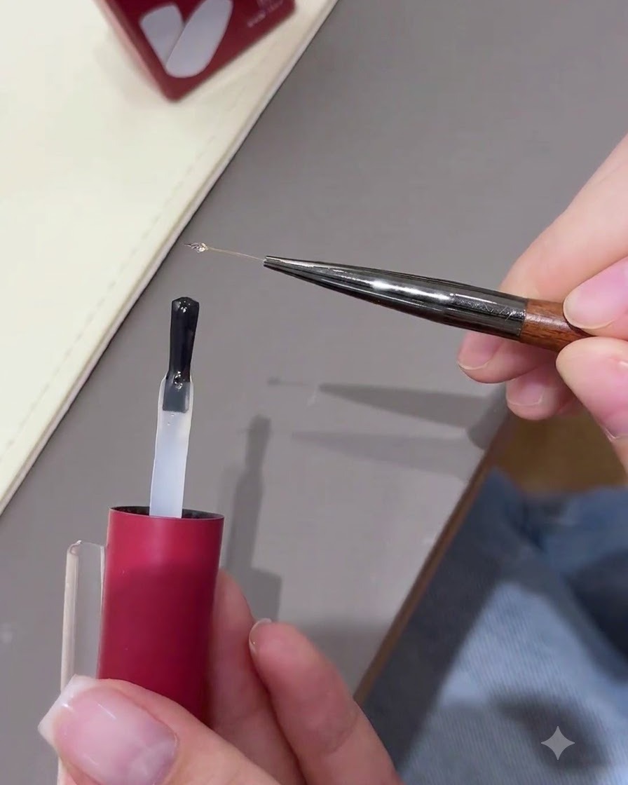 Ein feiner Nail-Art-Detailpinsel hält ein winziges Tröpfchen klaren Gels neben einem Flaschenapplikator.