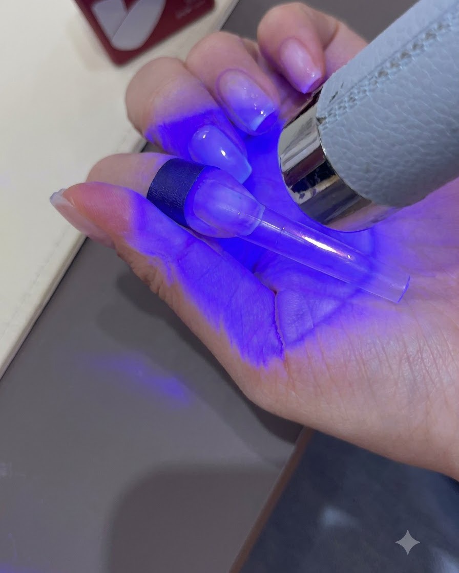 Eine Hand hält eine tragbare violette UV-Nagellampe über eine verlängerte, klare Nagelspitze, um den Übergang auszuhärten.
