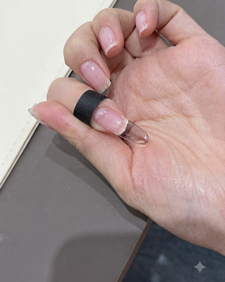 Nahaufnahme einer Hand mit einer fertigen, klaren Nagelverlängerung, die eine glatte, nudefarbene Gel-Basisschicht zeigt.